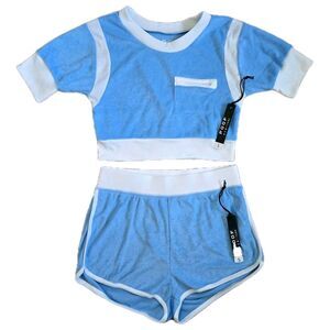 Poof NY Blue Terry Cloth Crop Top Shorts Set XS S Y2K Lounge Summer NWT